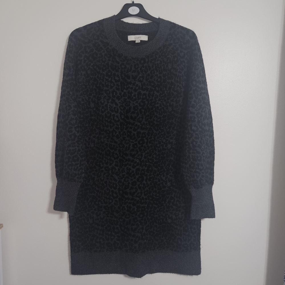 Loft black and gray leopard print cozy fall sweater dress size small